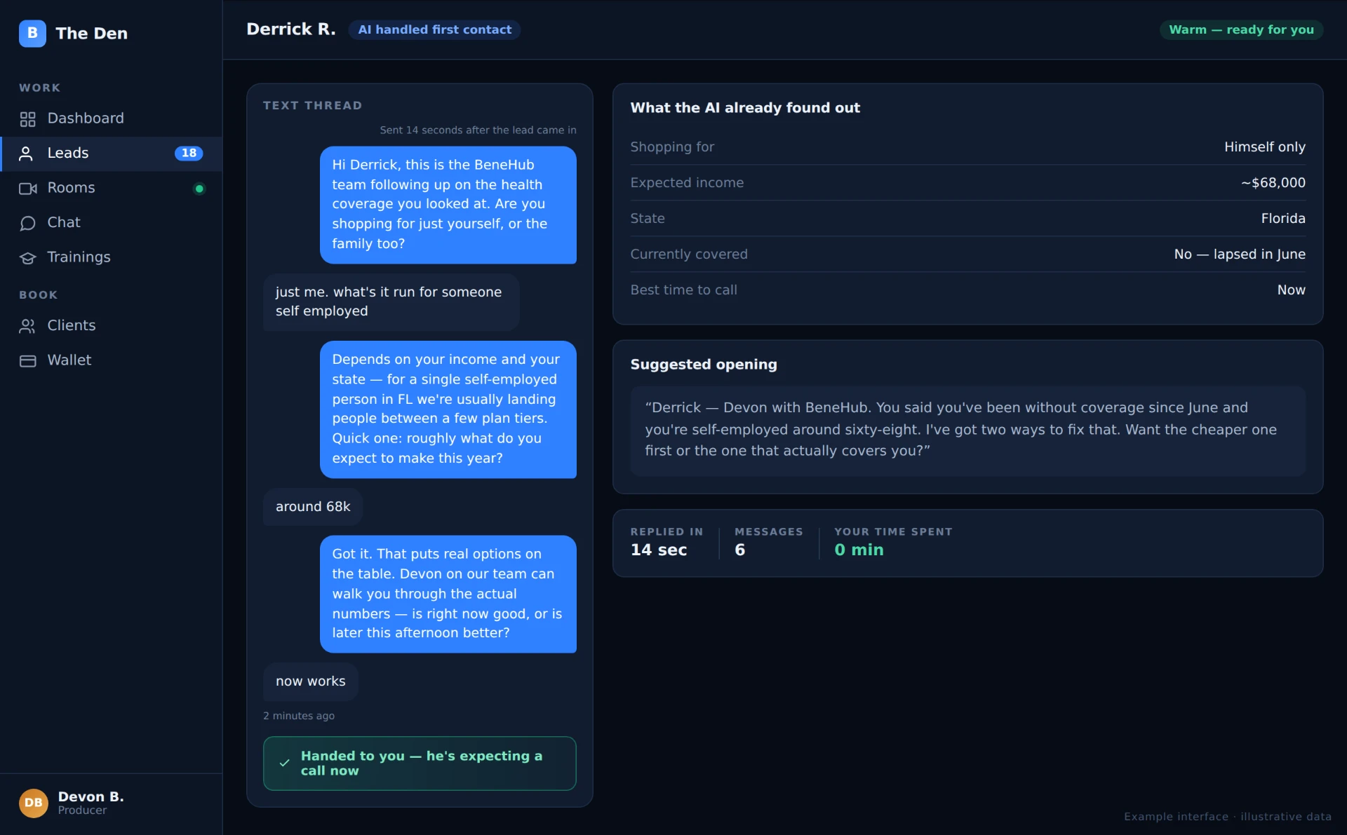 The Den's conversational AI qualifying a lead by text.